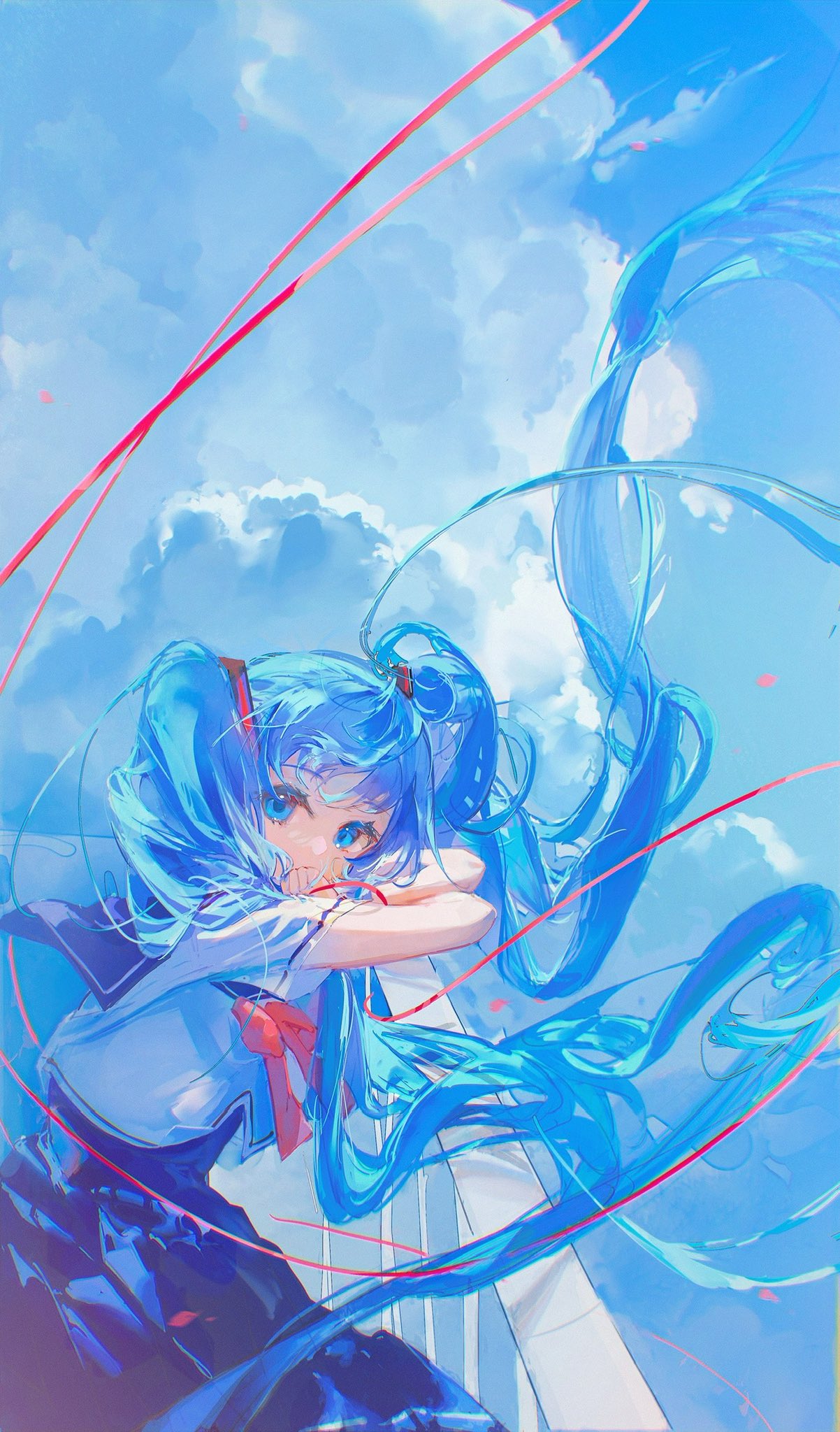 1girl absurdly_long_hair bangs black_skirt blue_eyes blue_hair blue_sky bow bowtie clouds commentary covering_mouth crossed_arms feet_out_of_frame hair_ornament hand_over_own_mouth hatsune_miku highres kirrrara leaning_on_rail long_hair looking_at_viewer railing red_bow red_bowtie red_ribbon ribbon school_uniform shirt short_sleeves skirt sky solo twintails very_long_hair vocaloid white_shirt