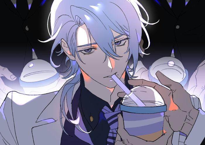 1boy 4boys alternate_costume bangs black_jacket black_necktie blue_hair collared_shirt cup disposable_cup drinking_straw drinking_straw_in_mouth english_commentary genshin_impact hair_between_eyes holding holding_cup jacket kamisato_ayato kanapy long_sleeves looking_at_viewer male_focus mole mole_under_mouth multiple_boys necktie shirt solo_focus upper_body violet_eyes white_jacket