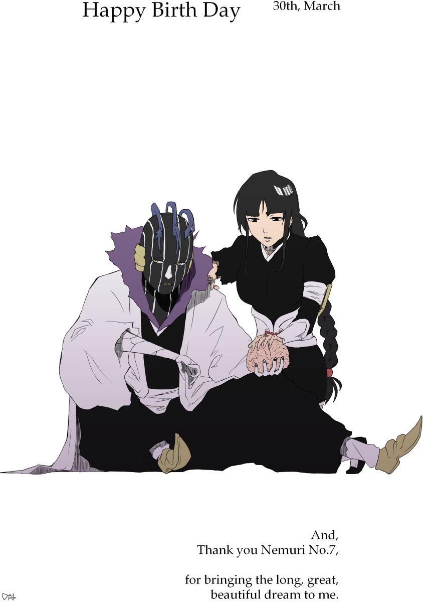 1boy 1girl armband black_choker black_eyes black_kimono bleach blue_hair brain breasts bridal_gauntlets choker cloak comb_over facepaint haori highres inst japanese_clothes kimono kneeling kurotsuchi_mayuri kurotsuchi_nemu looking_away ponytail sitting stitched_hand taichou_haori white_cloak worried yellow_eyes yellow_footwear