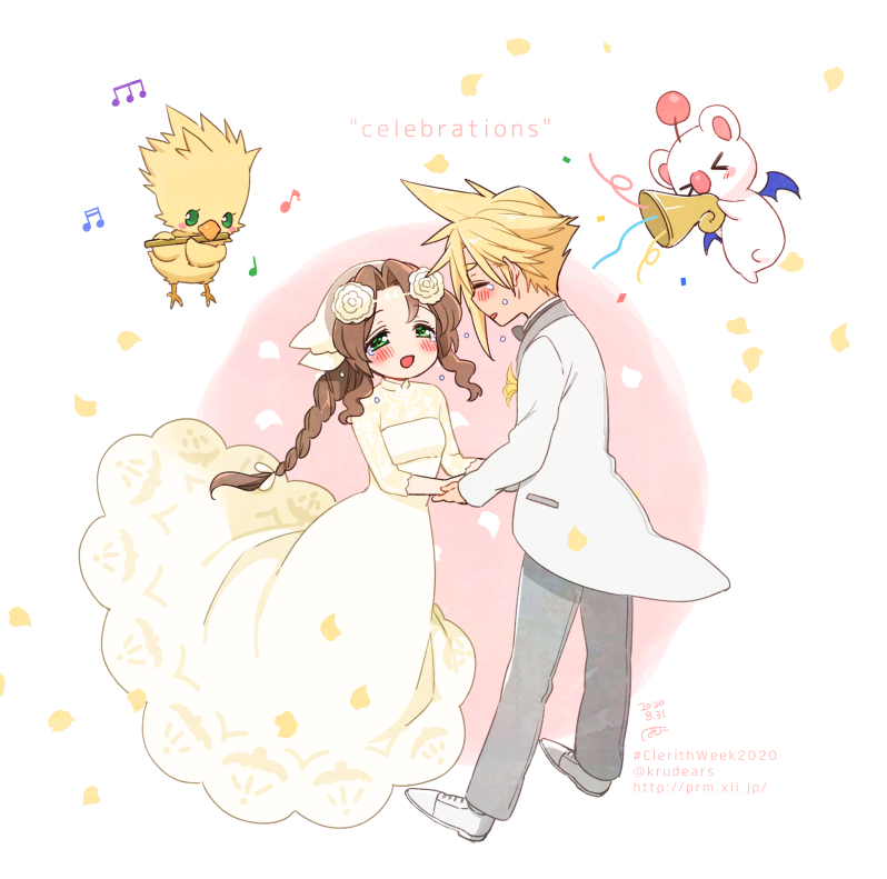 artist_name bangs bird blonde_hair braid braided_ponytail breasts bridal_veil bride brown_hair chick chocobo closed_eyes dated dress falling_petals final_fantasy final_fantasy_vii final_fantasy_vii_remake flower full_body green_eyes grey_pants groom hair_flower hair_ornament happy_tears holding_hands husband_and_wife instrument jacket krudears long_dress long_hair looking_at_another medium_breasts moogle music musical_note open_mouth pants parted_bangs petals playing_instrument short_hair sidelocks signature spiky_hair suit_jacket tears twitter_username veil web_address wedding wedding_dress white_background white_dress white_jacket
