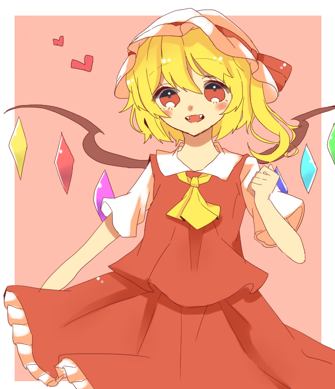 1girl blonde_hair breasts clenched_hand collared_shirt cowboy_shot ellipsis_(mitei) fangs flandre_scarlet frilled_skirt frills hair_between_eyes hat hat_ribbon heart looking_at_viewer medium_hair mob_cap multicolored_wings open_mouth pink_background red_eyes red_ribbon red_skirt red_vest ribbon shirt short_sleeves side_ponytail skirt skirt_set small_breasts solo touhou vest white_headwear white_shirt wings