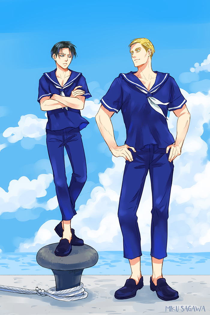 2boys artist_name black_eyes black_hair blonde_hair blue_eyes blue_pants blue_sailor_collar clouds collarbone crossed_arms erwin_smith hands_on_hips levi_(shingeki_no_kyojin) loafers looking_at_another male_focus mskei multiple_boys neckerchief pants sailor sailor_collar shingeki_no_kyojin shoes shore short_hair short_sleeves skyline smile toned toned_male uniform white_neckerchief
