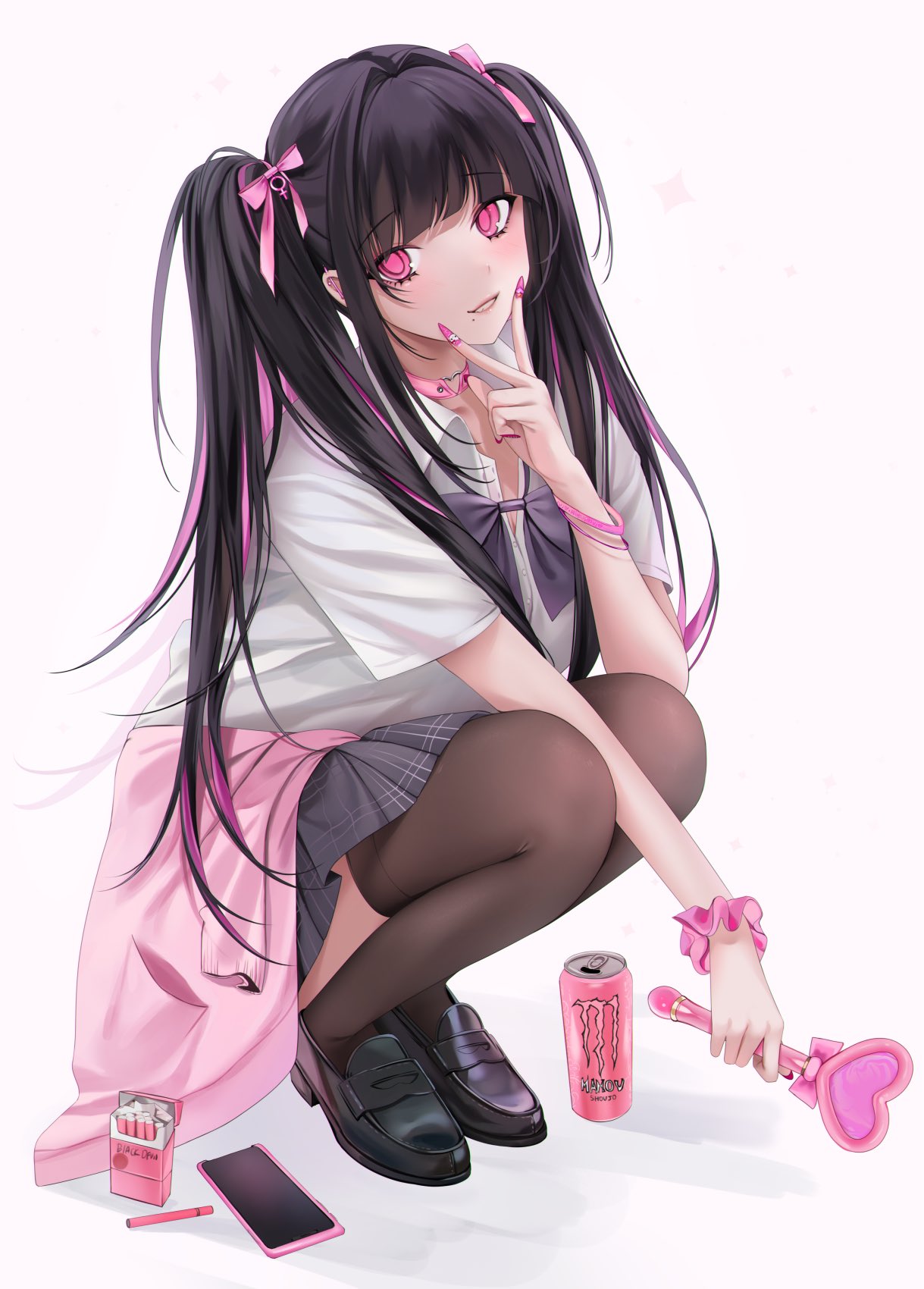 1girl bangs black_bow black_bowtie black_hair bow bowtie brown_thighhighs can cigarette clothes_around_waist collar collarbone grey_shirt grey_skirt hair_intakes hair_ribbon heart highres holding holding_wand long_hair mole mole_under_mouth monster_energy nail_polish ompf original phone pink_collar pink_eyes pink_nails pink_ribbon pink_sweater plaid plaid_skirt ribbon shirt simple_background skirt smile solo squatting sweater sweater_around_waist teeth thigh-highs twintails v wand white_background