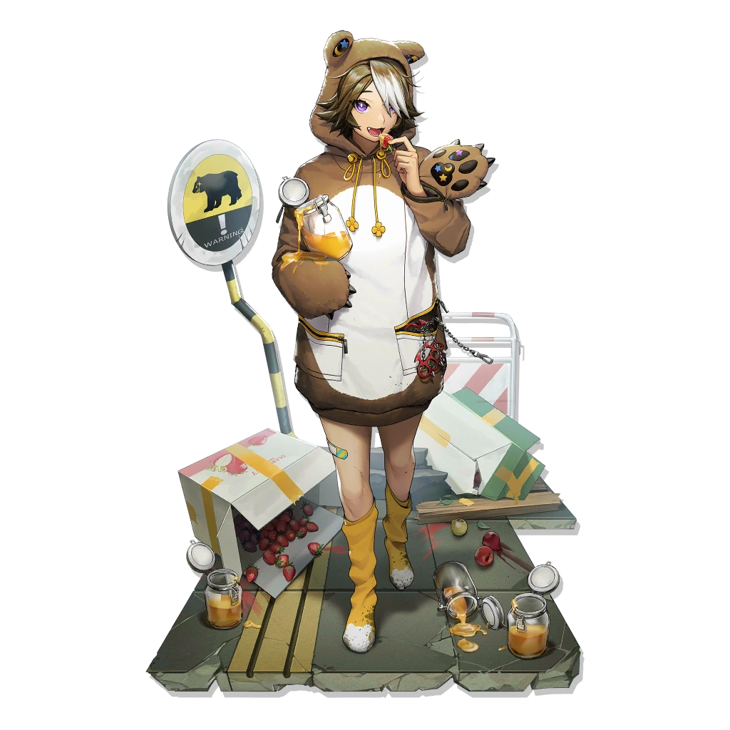 1girl :d animal_costume animal_ears arknights bangs bear bear_ears beehunter_(arknights) beehunter_(honey_pilferer)_(arknights) breasts brown_hair brown_hoodie commentary_request fang food fruit full_body hair_over_one_eye hand_up holding holding_food honey hood hoodie long_sleeves looking_at_viewer multicolored_clothes multicolored_hair multicolored_hoodie non-web_source official_alternate_costume official_art open_mouth short_hair shorts sign simple_background smile solo source_request standing strawberry streaked_hair teeth two-tone_hair violet_eyes white_background white_hair white_hoodie