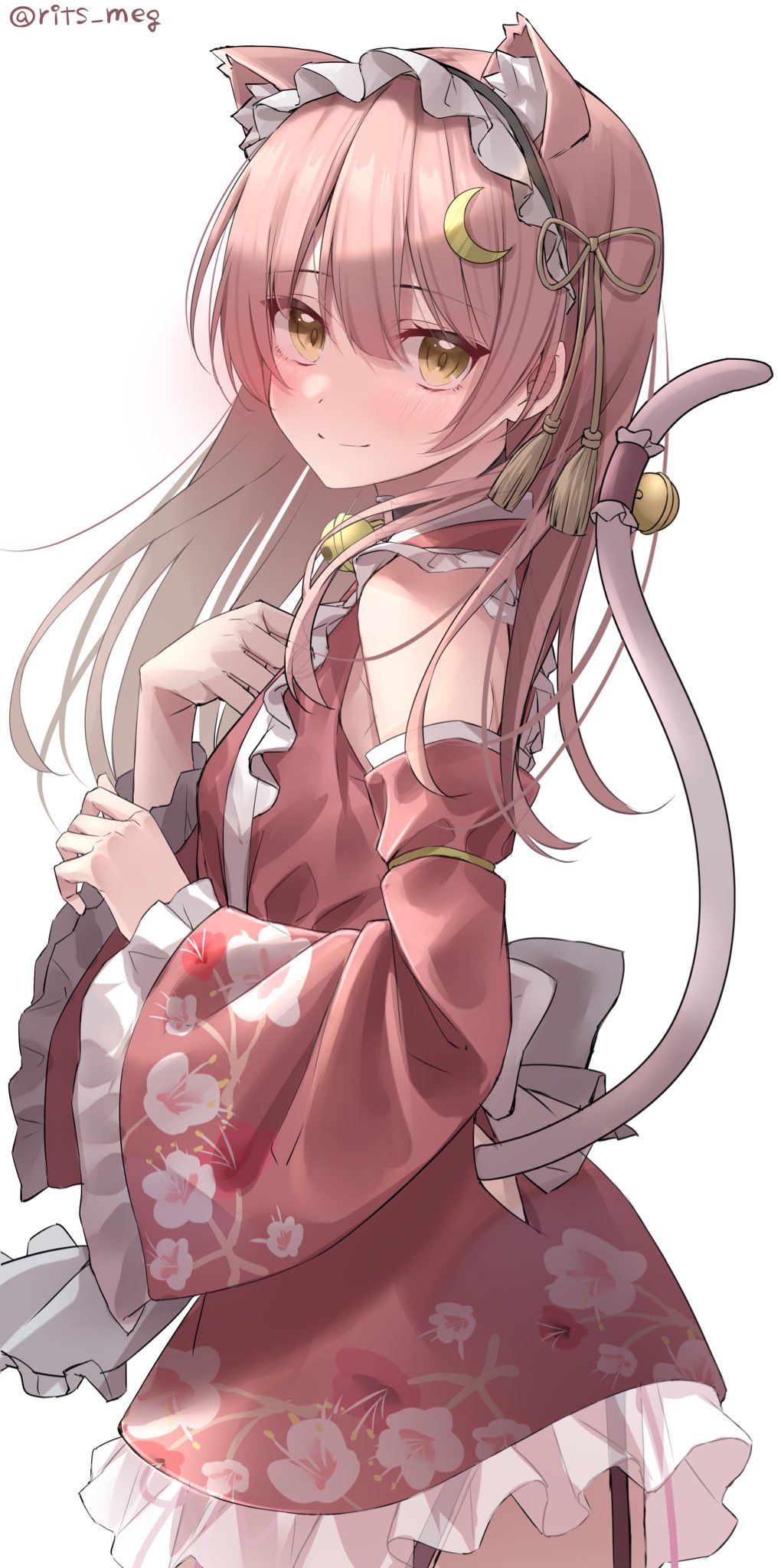 animal_ear_fluff animal_ears bare_shoulders bell black_garter_straps bow cat_ears cat_tail cherry_blossom_print cherry_blossoms closed_mouth crescent crescent_hair_ornament detached_sleeves dress floral_print frilled_dress frills from_side garter_straps hair_ornament hair_ribbon highres indie_virtual_youtuber kawai_ritsu_(rits_meg) long_hair looking_at_viewer maid maid_headdress munmosshu obi pink_dress pink_hair ribbon sash smile solo tail tail_bell tail_ornament tail_through_clothes tassel virtual_youtuber wa_maid white_background white_bow wide_sleeves yellow_eyes
