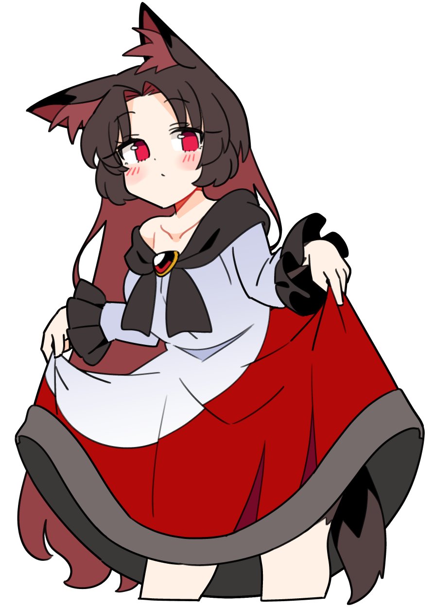 1girl animal_ears blush brown_hair closed_mouth clothes_lift collarbone cropped_legs dress dress_lift highres imaizumi_kagerou ini_(inunabe00) lifted_by_self long_hair long_sleeves red_dress red_eyes simple_background solo tail touhou white_background white_dress wolf_ears wolf_tail