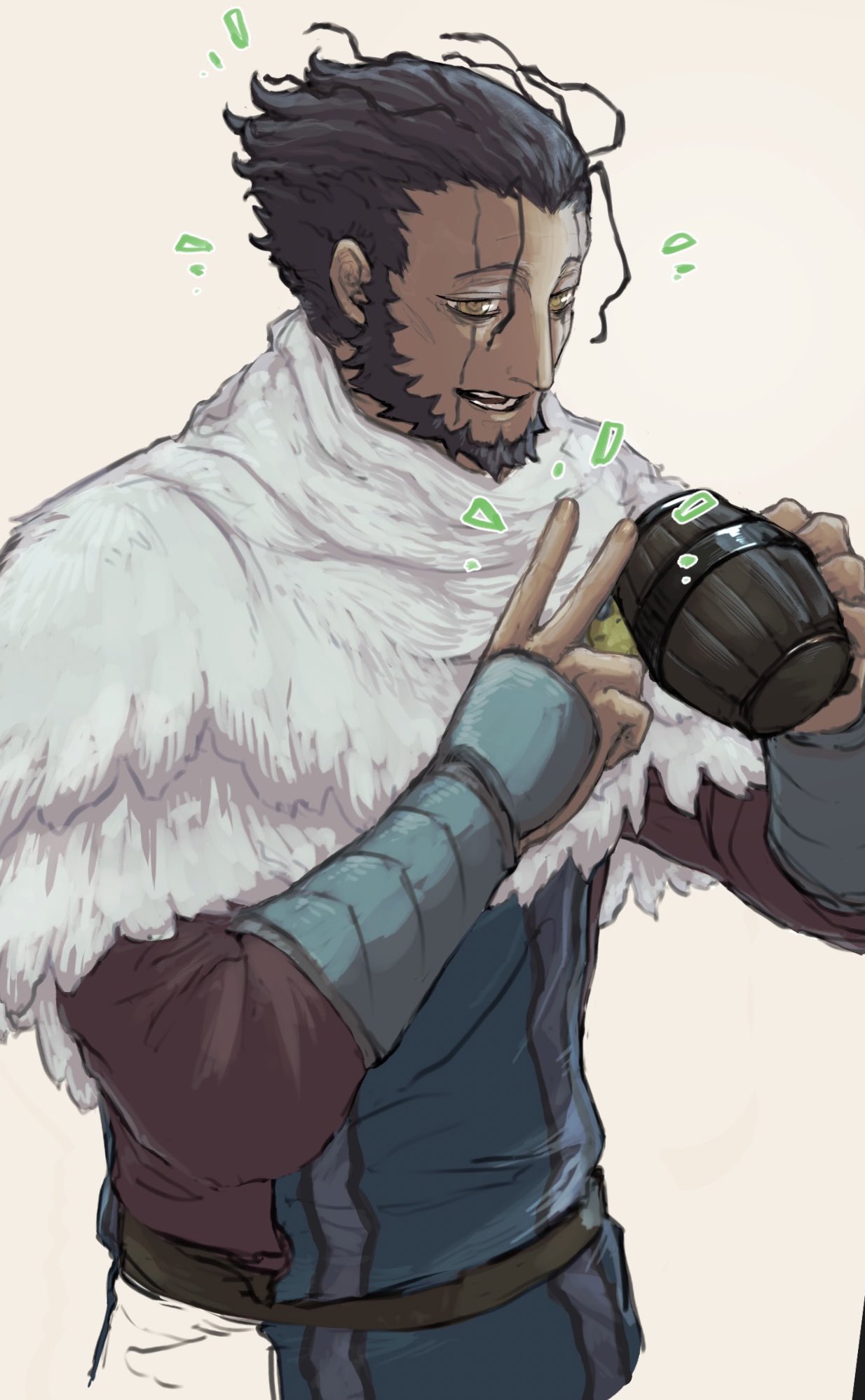 1boy bags_under_eyes beard belt black_hair blue_tabard brown_belt capelet commentary_request cowboy_shot cropped_torso cup dark-skinned_male dark_skin facial_hair fur_capelet hair_slicked_back hands_up highres holding holding_cup long_sleeves made_in_abyss male_focus parted_lips red_shirt ringed_eyes scar scar_on_face shirt short_hair sideburns simple_background sketch smile solo tabard v vambraces wazukyan_(human) white_background white_capelet wooden_cup yellow_eyes yklk_(sevvrue)