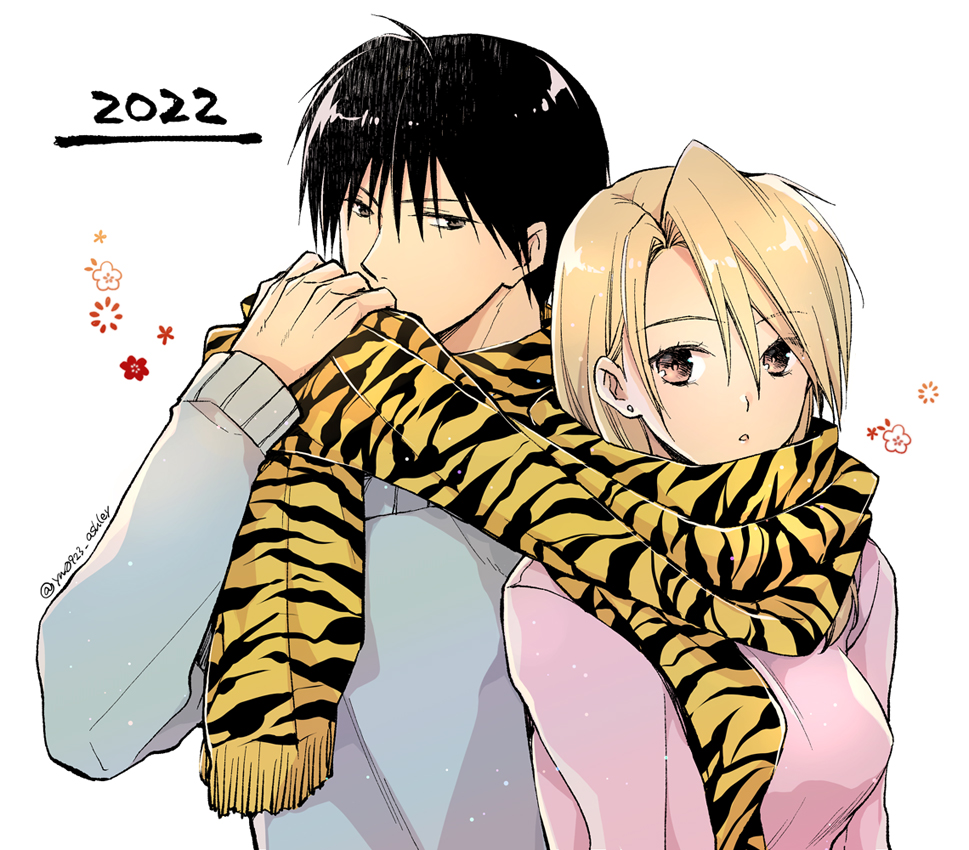 1boy 1girl animal_print black_hair blonde_hair breasts brown_eyes earrings fullmetal_alchemist grey_eyes grey_sweater hair_between_eyes jewelry long_hair long_sleeves medium_breasts parted_lips pink_sweater riza_hawkeye roy_mustang scarf shared_clothes shared_scarf short_hair sweater takafuji_yuna tiger_print twitter_username