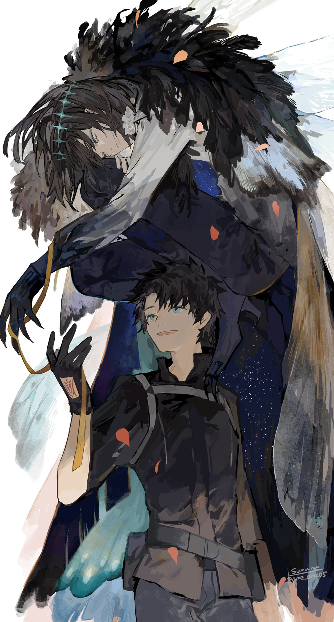 2boys arthropod_boy bangs belt black_belt black_gloves black_hair black_jacket black_pants blue_eyes claws cloak closed_mouth collar collared_shirt command_spell crown diamond_hairband falling_petals fate/grand_order fate_(series) feather_boa frilled_collar frills fujimaru_ritsuka_(male) fujimaru_ritsuka_(male)_(polar_chaldea_uniform) gloves highres insect_wings jacket light_smile long_sleeves looking_at_another looking_down looking_up male_focus medium_hair multiple_boys oberon_(fate) oberon_(third_ascension)_(fate) official_alternate_costume official_alternate_hair_color open_mouth pants petals puffy_sleeves shirt short_hair simple_background smile surume_(su1193) white_background white_shirt wings