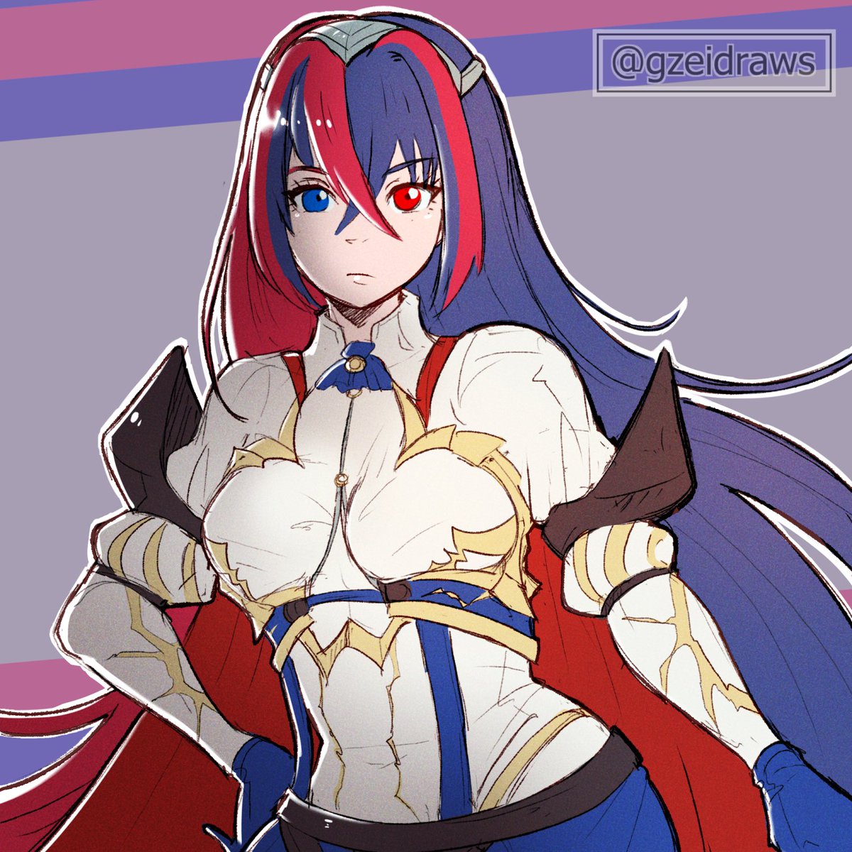 1girl alear_(fire_emblem)_(female) blue_eyes breasts fire_emblem fire_emblem_engage gzei highres long_hair looking_at_viewer multicolored_hair red_eyes redhead shin_megami_tensei shin_megami_tensei_v solo two-tone_hair very_long_hair