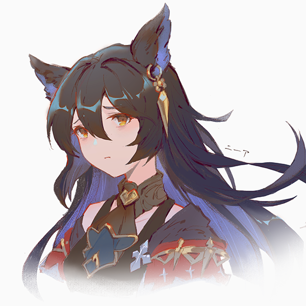 1girl animal_ears ascot bangs black_ascot black_hair breasts capelet character_name choker closed_mouth earrings frown granblue_fantasy hair_between_eyes jewelry long_hair looking_at_viewer medium_breasts nier_(granblue_fantasy) raised_eyebrows single_earring solo tank_top translated upper_body vienri yellow_eyes