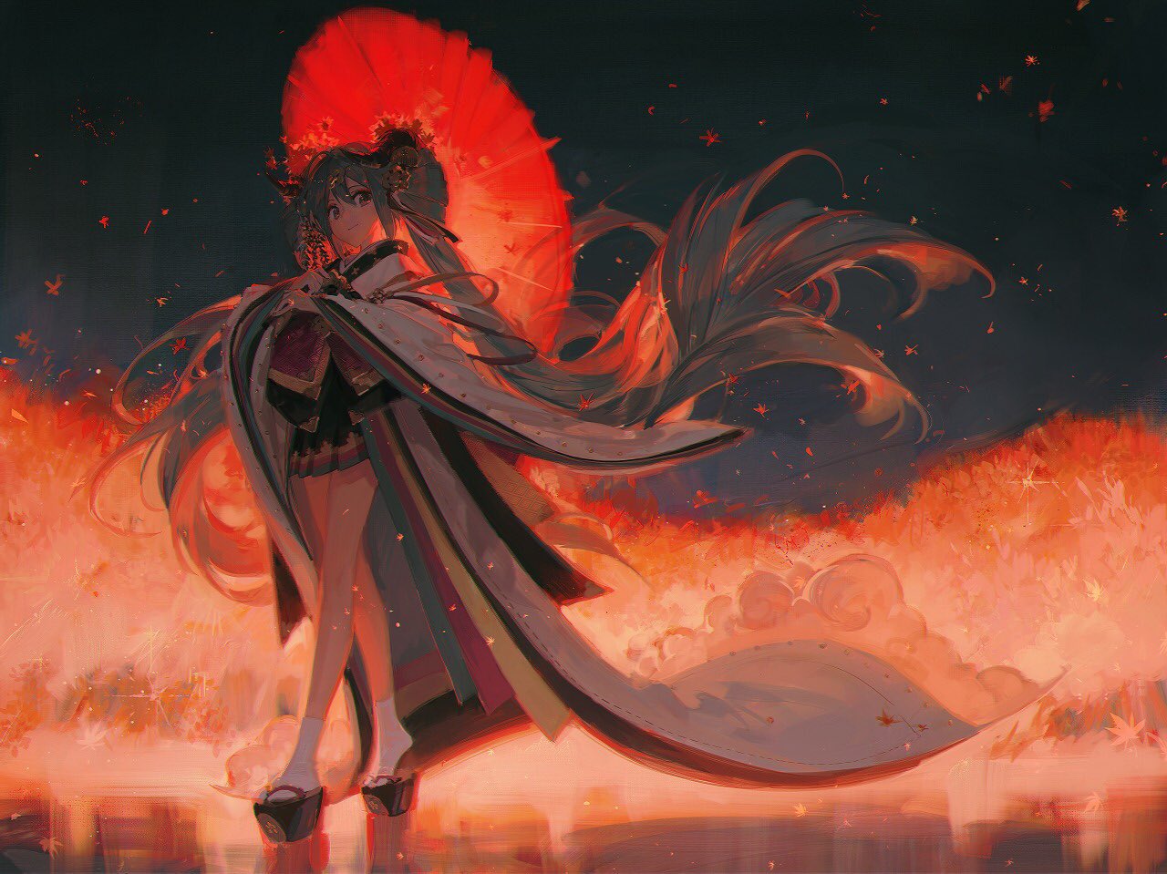 1girl ankle_socks closed_mouth floating_hair full_body hatsune_miku holding holding_umbrella japanese_clothes kimono long_hair long_sleeves looking_at_viewer official_art oil-paper_umbrella okobo pleated_skirt red_theme red_umbrella rella second-party_source short_kimono skirt smile socks solo standing twintails umbrella very_long_hair vocaloid white_socks wide_sleeves
