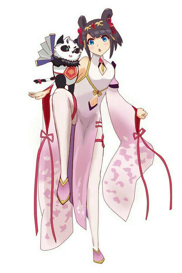 1girl bangs black_hair blue_eyes china_dress chinese_clothes clothing_cutout detached_sleeves dragalia_lost dress full_body hair_ornament hand_fan lin_you looking_at_viewer navel navel_cutout open_mouth panda pink_dress shironitsu standing standing_on_one_leg thigh-highs white_background white_thighhighs wide_sleeves