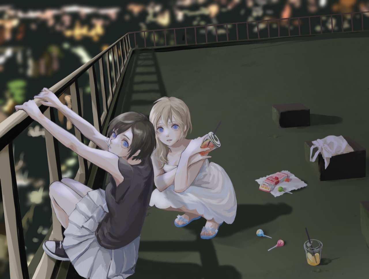 2girls bag bare_arms black_footwear black_hair black_shirt blonde_hair blue_eyes breasts candy city_lights cup disposable_cup dress drinking_straw food full_body hair_between_eyes hanging holding holding_cup kingdom_hearts kingdom_hearts_iii lollipop looking_at_viewer medium_breasts medium_hair miniskirt mukashino multiple_girls namine parted_lips pleated_skirt rooftop sandals shirt shoes short_hair short_sleeves skirt sleeveless sleeveless_dress sneakers squatting white_dress white_skirt xion_(kingdom_hearts)