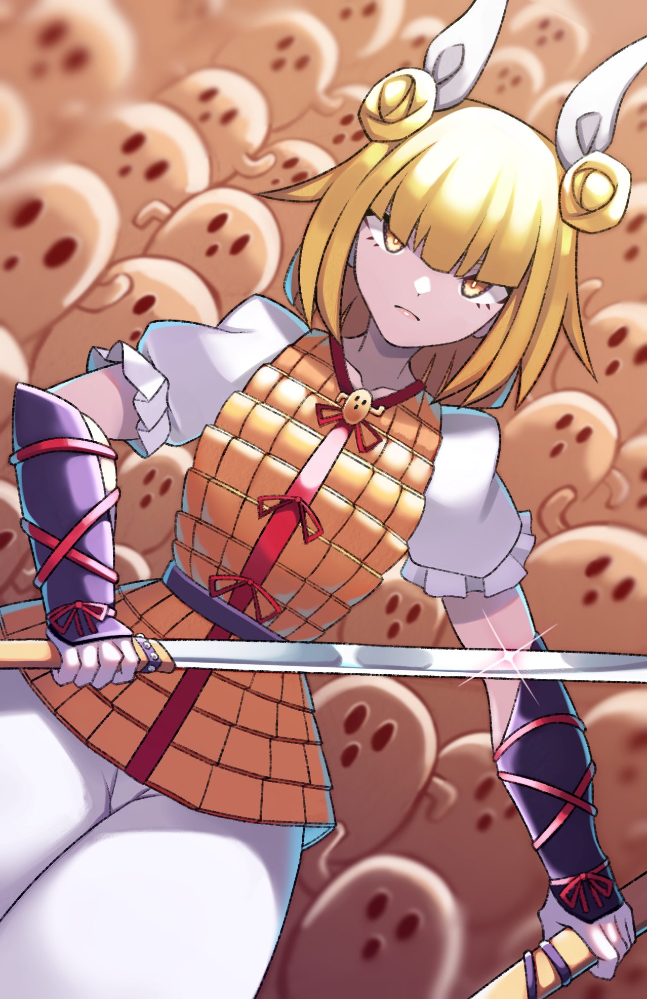 1girl armor armored_dress bangs blonde_hair blunt_bangs closed_mouth doku_yanagi double_bun dress hair_bun haniwa_(statue) highres holding holding_sword holding_weapon joutouguu_mayumi looking_at_viewer pants short_hair short_sleeves solo sword touhou vambraces weapon white_pants yellow_dress yellow_eyes