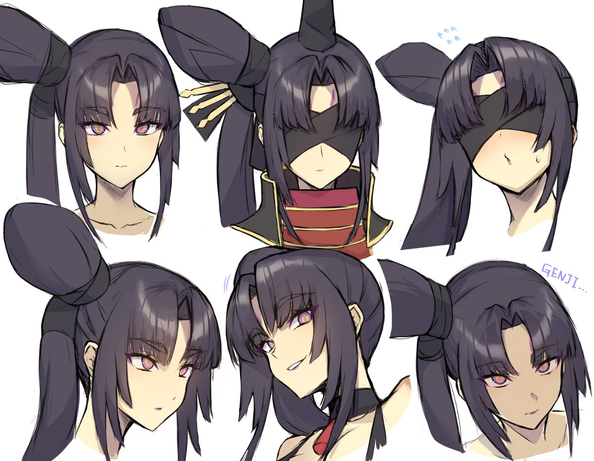 1girl armor bangs covered_eyes fate/grand_order fate_(series) hair_bun hair_ornament hairpin japanese_armor looking_at_viewer multicolored_eyes multiple_views pinta_(ayashii_bochi) smile taira_no_kagekiyo_(fate) ushiwakamaru_(fate) violet_eyes