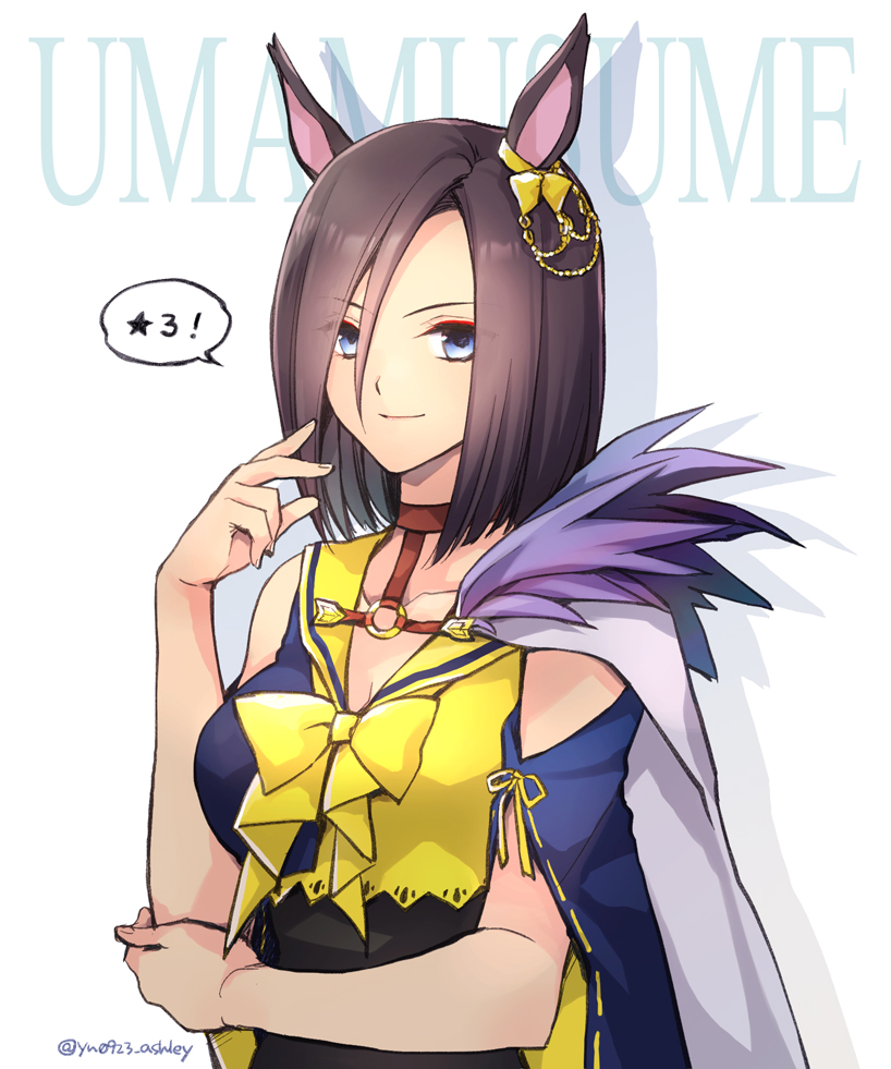 1girl air_groove_(umamusume) animal_ears arm_across_chest blue_eyes bob_cut bow breasts brown_hair cape chain detached_sleeves ear_ribbon fur_trim gold_chain hair_between_eyes hand_up horse_ears horse_girl large_breasts looking_at_viewer ribbon short_hair smile solo speech_bubble takafuji_yuna twitter_username umamusume upper_body white_background yellow_bow yellow_ribbon