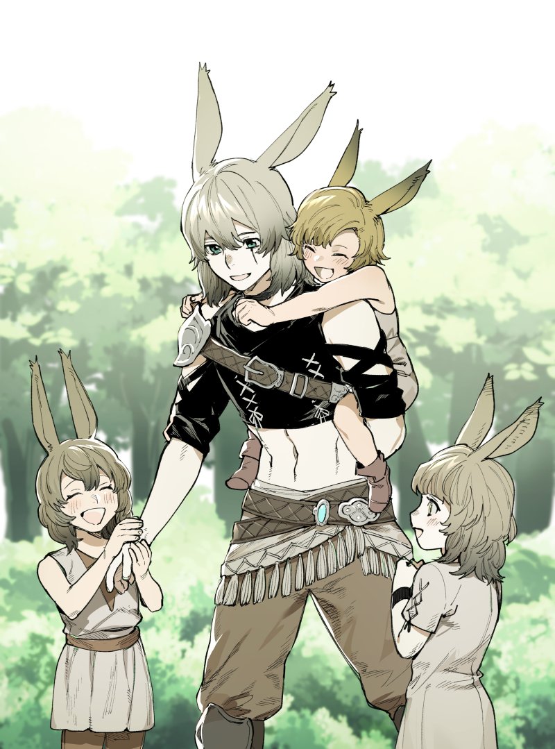 1boy 3others ^_^ ^o^ androgynous animal_ears arm_behind_back armor bangs bare_arms belt black_choker black_shirt brown_hair brown_pants bush carrying carrying_person choker closed_eyes clothing_cutout commentary cropped_shirt day dress father_and_child feet_out_of_frame final_fantasy final_fantasy_xiv fringe_trim green_eyes grey_dress grey_hair hair_between_eyes hand_grab hands_up happy height_difference knee_pads looking_at_another medium_hair multiple_others navel niboshi_kom open_mouth outdoors pants pauldrons piggyback profile rabbit_ears scar scar_across_eye shirt short_hair short_sleeves shoulder_armor shoulder_belt shoulder_cutout single_pauldron smile standing swept_bangs toned toned_male tree viera