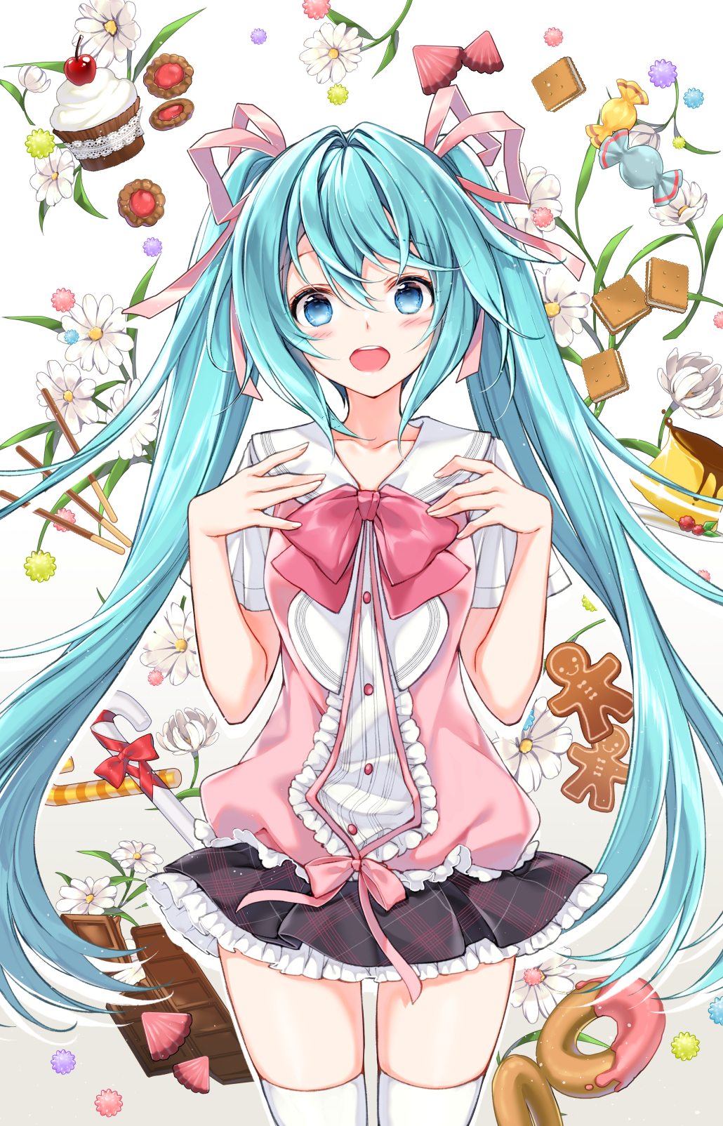 1girl bangs black_skirt blue_eyes blue_hair blush candy candy_wrapper chocolate chocolate_bar commentary_request cupcake doughnut flower food frilled_skirt frills hair_between_eyes hair_ribbon hatsune_miku highres juna long_hair looking_at_viewer open_mouth pink_ribbon pink_shirt pleated_skirt pudding ribbon sailor_collar shirt short_sleeves skirt solo twintails very_long_hair vocaloid white_flower white_sailor_collar