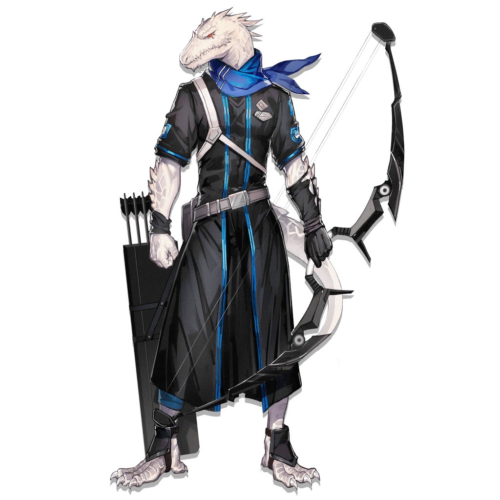 1boy arknights arrow_(projectile) artist_request bandaged_arm bandages black_shirt blood blue_sky bow_(weapon) closed_eyes clothes_around_waist commentary_request full_body jacket jacket_around_waist lizardman male_focus mouth_hold no_humans non-web_source official_art rangers_(arknights) scarf shirt sky sleeveless sleeveless_shirt solo source_request weapon