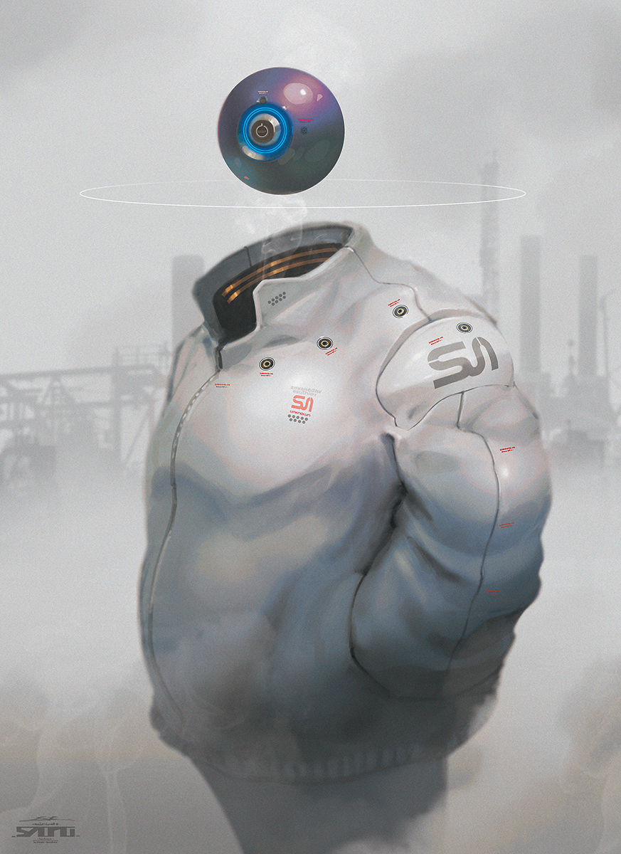 blurry blurry_background building esuthio floating grey_background highres jacket no_humans original outdoors robot science_fiction skyscraper standing watermark white_jacket
