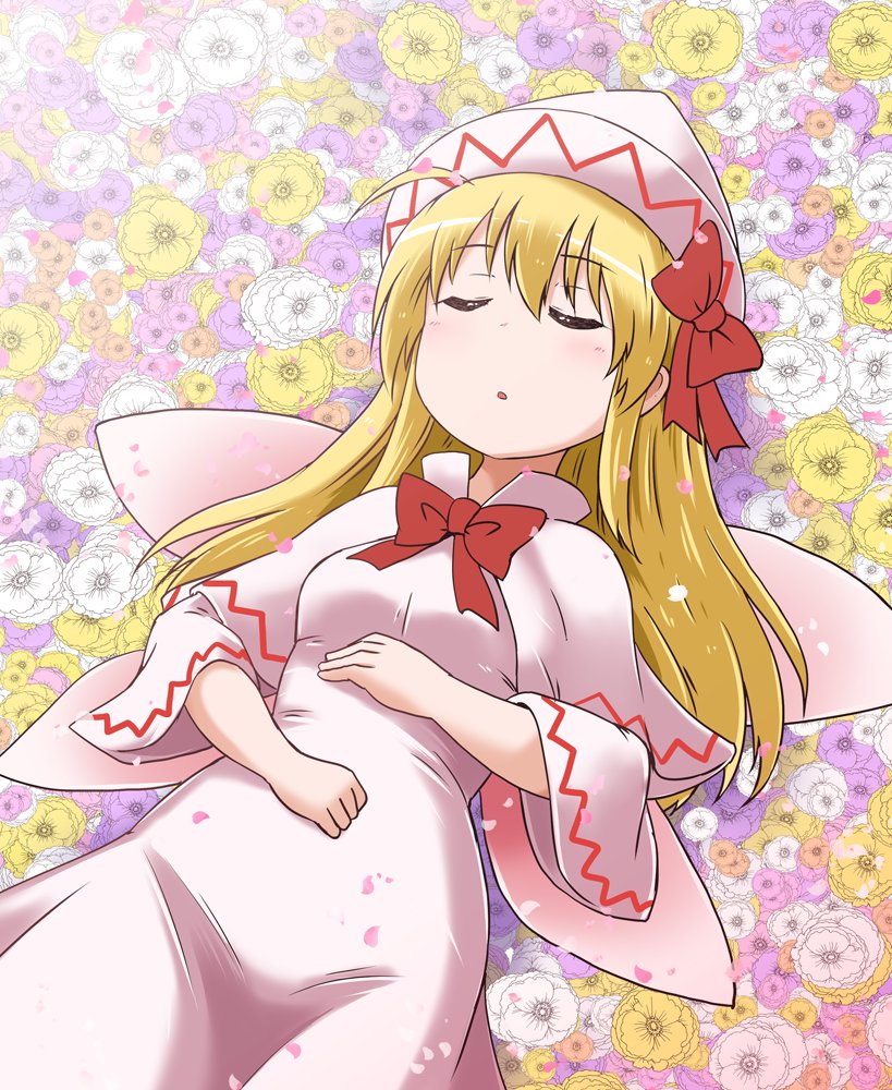 1girl blonde_hair bow breasts capelet closed_eyes dress fairy_wings flower hair_bow hand_on_own_stomach hat kousei_(public_planet) lily_white long_hair medium_breasts parted_lips sleeping straight_hair tight tight_dress touhou wide_sleeves wings