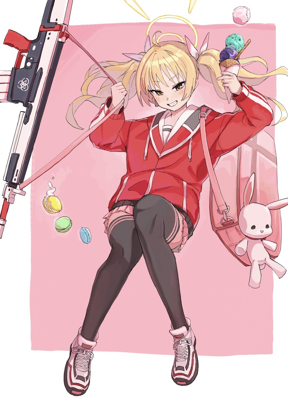 1girl arm_up bag bag_charm bangs black_skirt black_thighhighs blonde_hair blue_archive blush brown_eyes charm_(object) commentary_request drawstring fn_scar_17 food frilled_skirt frills full_body gbsangou grin gun halo hand_up highres holding holding_food holding_gun holding_weapon ice_cream ice_cream_cone jacket looking_at_viewer pink_background pink_footwear pleated_skirt red_jacket shoes skirt smile solo stuffed_animal stuffed_bunny stuffed_toy thigh-highs triple_scoop twintails two-tone_background v-shaped_eyebrows weapon white_background yoshimi_(blue_archive)