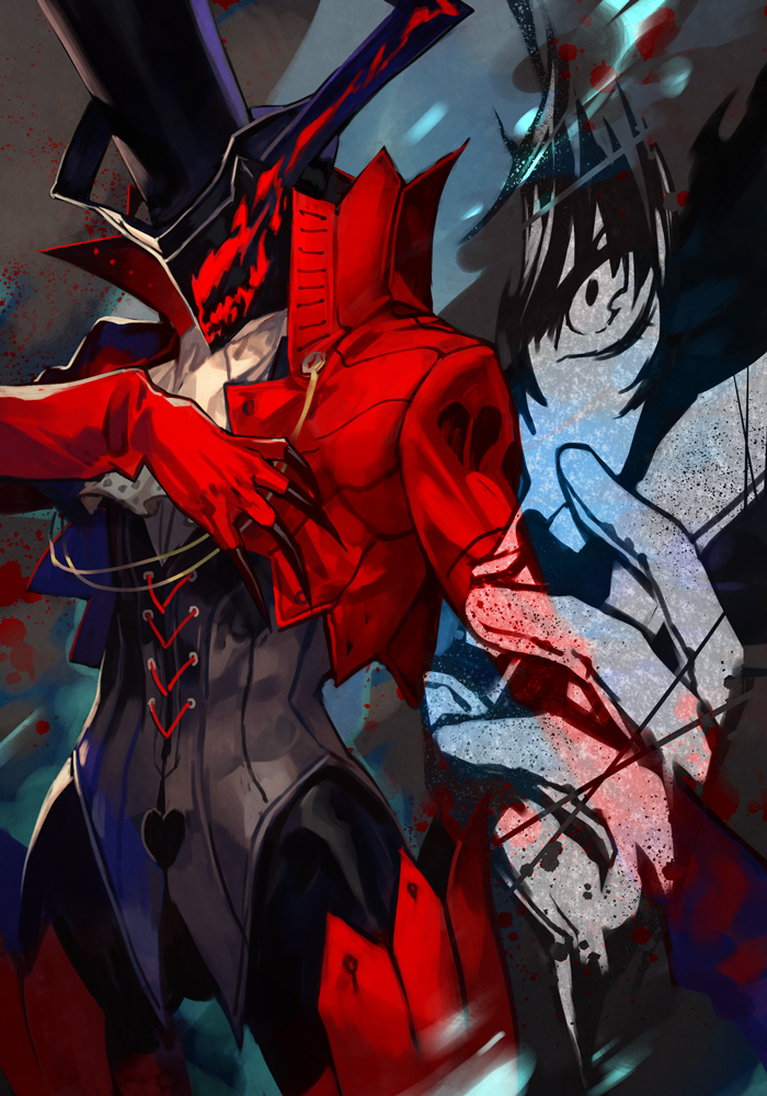 amamiya_ren arsene_(persona_5) ascot black_hair black_headwear black_pants boots claws cowboy_shot cropped_jacket gloves hankuri hat high_collar jacket lace-up_top looking_at_viewer mask pants persona persona_5 red_footwear red_jacket thigh_boots top_hat waistcoat white_ascot