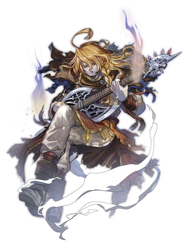 1boy axe blonde_hair boots closed_eyes clothes_lift crossed_legs facial_hair fire floating ghost guitar hair_lift instrument it's_my_life_(narita_imomushi) long_hair male_focus mature_male music narita_imomushi pants playing_instrument riot_jhon_reale_bloodstreet scarf simple_background skirt skirt_lift smile solo stubble torn_clothes weapon white_background