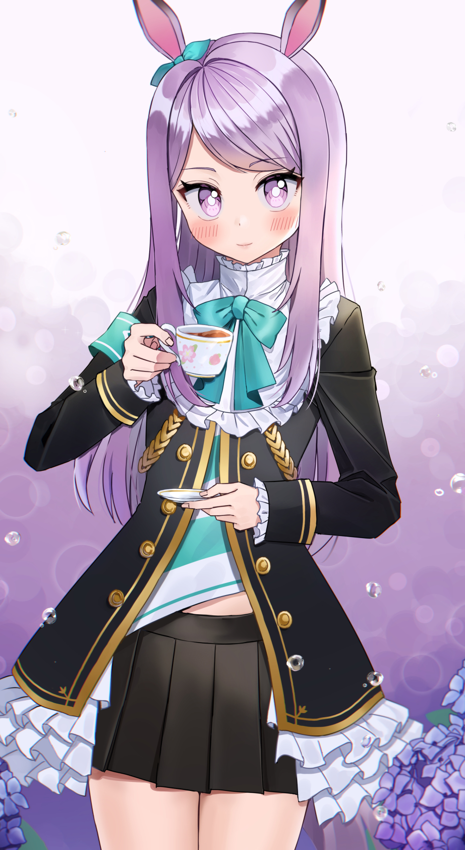 1girl armband bangs black_jacket black_skirt blue_bow blue_ribbon blush bow closed_mouth commentary_request cup ear_ribbon flower frilled_jacket frilled_sleeves frills highres holding holding_cup holding_saucer jacket kubong long_hair looking_at_viewer mejiro_mcqueen_(umamusume) pleated_skirt purple_flower purple_hair ribbon saucer skirt smile solo swept_bangs tea teacup umamusume very_long_hair violet_eyes