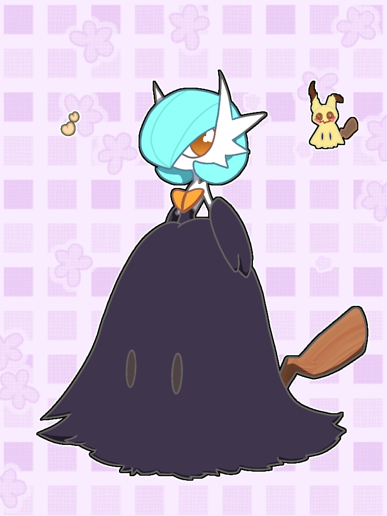 1girl alternate_color arms_at_sides bangs bare_shoulders black_dress black_gloves blue_hair bob_cut commentary_request cosplay dress elbow_gloves flat_chest floral_background full_body gardevoir gloves hair_over_one_eye heart looking_at_viewer mega_gardevoir mega_pokemon mimikyu mimikyu_(cosplay) one_eye_covered orange_eyes outline partial_commentary plaid plaid_background pokemon pokemon_(creature) purple_background shiny_pokemon short_hair solo_focus standing strapless strapless_dress tail white_outline yuri_(pixiv_76483886)