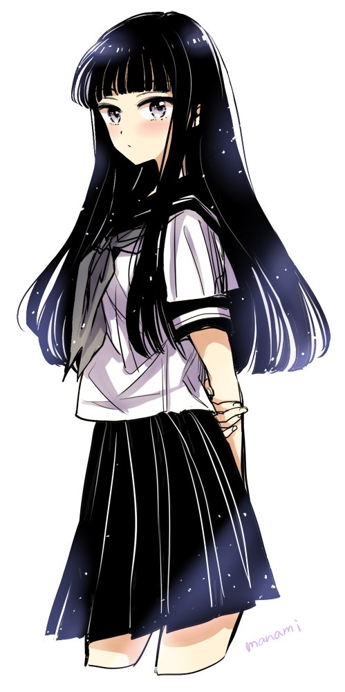 1girl aged_down arms_behind_back bangs black_hair black_sailor_collar black_skirt blush closed_mouth commentary_request cropped_legs expressionless grey_neckerchief himawari-san himawari-san_(character) long_hair looking_at_viewer neckerchief pleated_skirt sailor_collar school_uniform serafuku shirt short_sleeves signature simple_background skirt solo standing sugano_manami violet_eyes white_background white_shirt