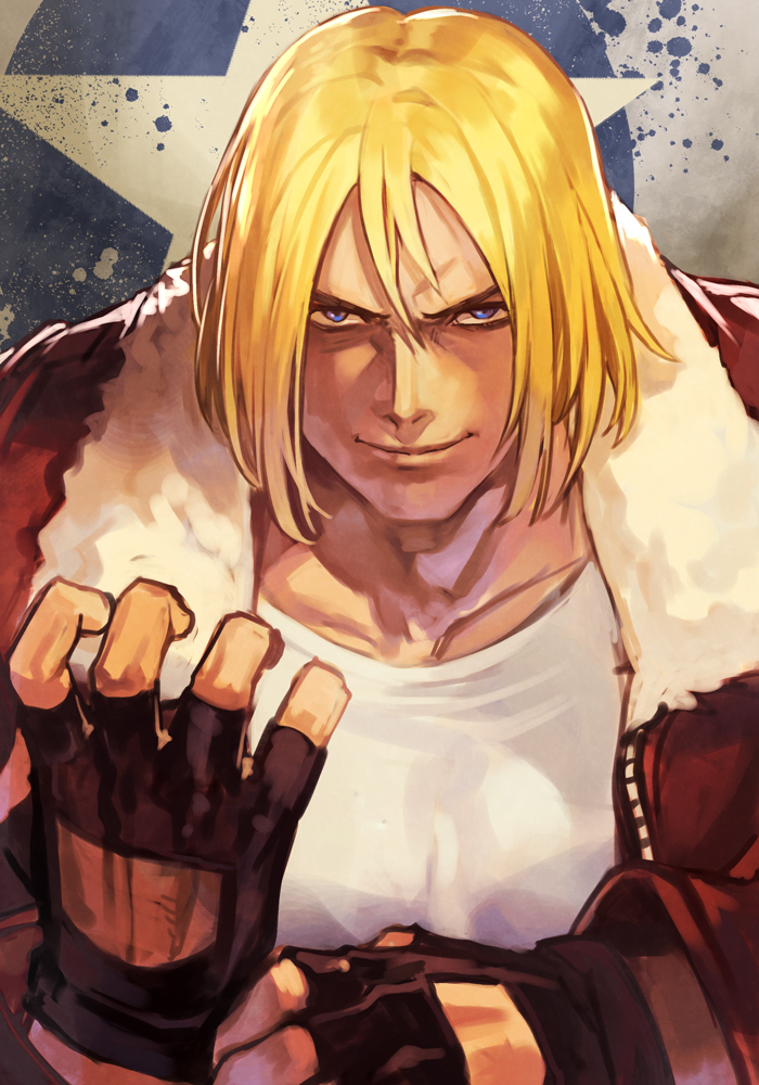 1boy adjusting_clothes adjusting_gloves black_gloves blonde_hair blue_eyes brown_coat clenched_hand coat collarbone fatal_fury fingerless_gloves garou:_mark_of_the_wolves gloves hair_between_eyes hankuri long_sleeves looking_at_viewer male_focus shirt short_hair smile solo star_(symbol) terry_bogard white_shirt