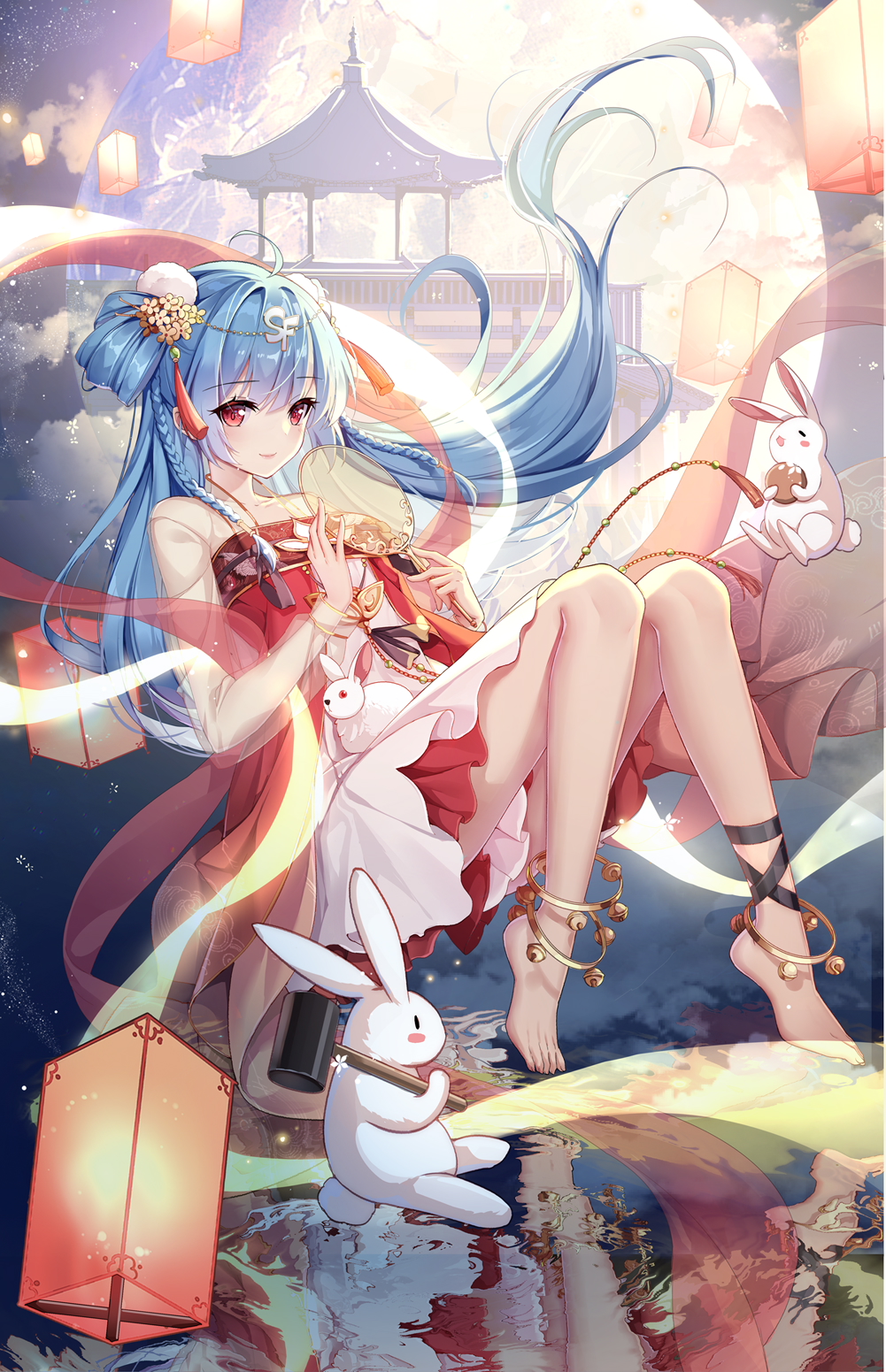 1girl ahoge ankle_strap anklet bangs barefoot blue_hair blunt_bangs braid breasts chinese_commentary closed_mouth clouds commentary cookie double_bun dress feet floating flower food full_body full_moon hair_bun hair_ornament hammer highres holding holding_cookie holding_food holding_hammer jewelry k12io lantern legs long_hair long_sleeves looking_at_viewer mid-autumn_festival moon original outdoors paper_lantern rabbit red_dress red_eyes reflection see-through see-through_sleeves side_braids sidelocks small_breasts smile solo tassel water yellow_flower