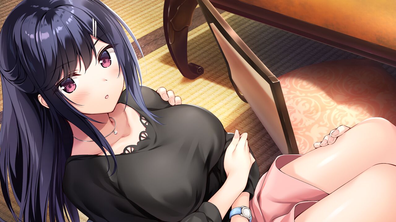 1girl akebi_saki amaemi-longing_for_you- bare_legs black_hair black_shirt blush breasts carrying collarbone game_cg hair_ornament hairclip hand_on_another's_shoulder indoors jewelry large_breasts long_hair long_sleeves looking_at_viewer necklace open_mouth oryo_(oryo04) pink_shorts pov princess_carry red_eyes shiny shiny_hair shiny_skin shirt short_shorts shorts solo_focus watch watch