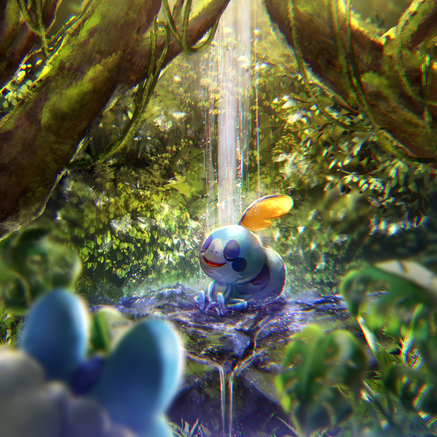 animal_focus bathing blurry blurry_foreground blush_stickers bush chromatic_aberration closed_eyes ekm fern froakie full_body green_background happy moss no_humans open_mouth over_shoulder plant pokemon pokemon_(creature) sitting smile sobble solo_focus tree u_u vines water waterfall