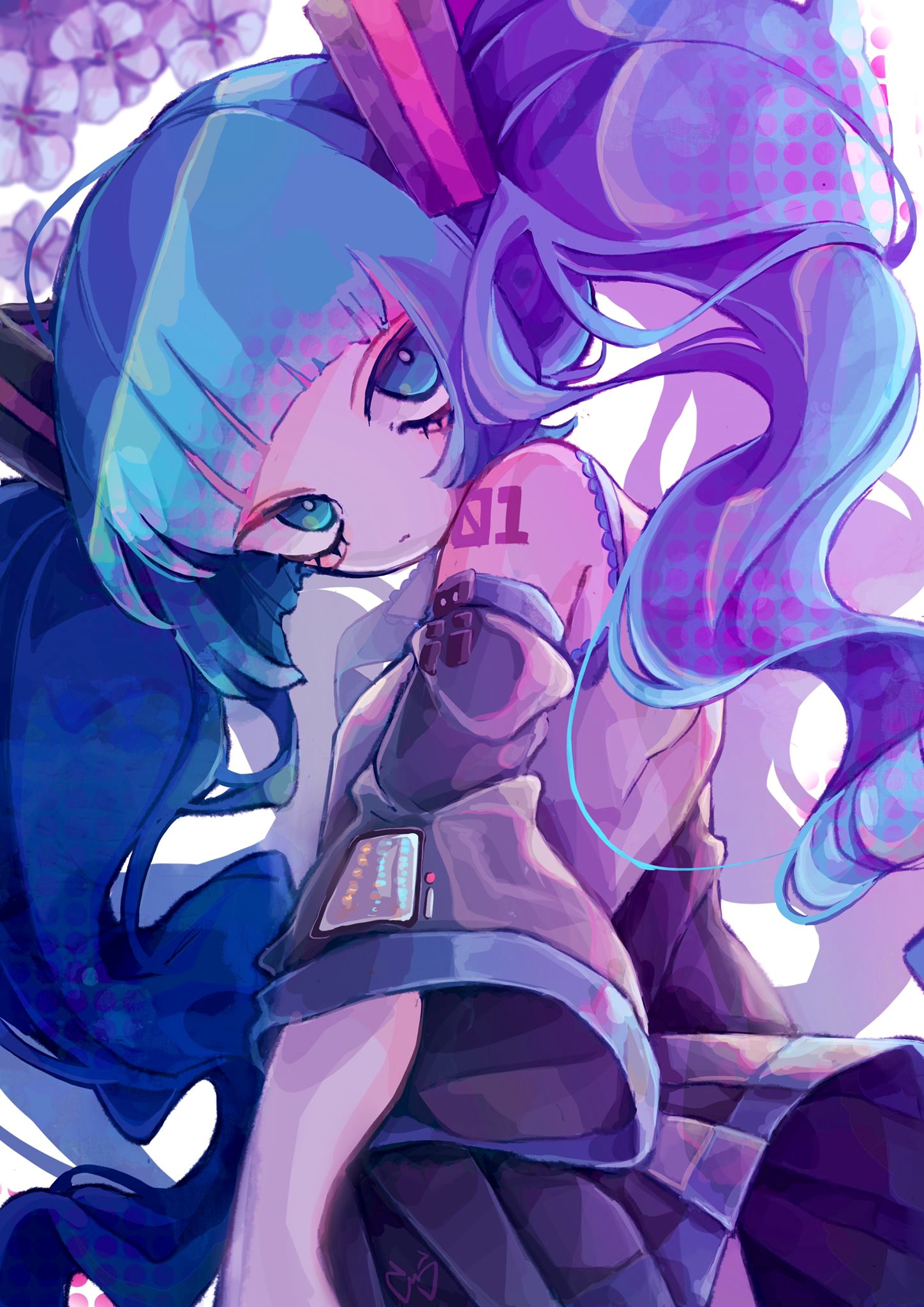 1girl bangs bare_shoulders black_skirt detached_sleeves expressionless from_side green_eyes green_hair grey_shirt hatsune_miku highres long_hair looking_at_viewer multicolored_hair pleated_skirt redhead shirt shoulder_tattoo skirt sleeveless sleeveless_shirt solo tattoo tira_27 twintails vocaloid