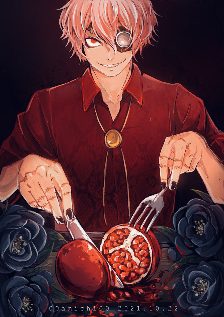 1boy amichi1005 bangs black_background black_nails bolo_tie brooch dated dress_shirt eating eyepatch flower food fork fruit hair_between_eyes holding holding_fork holding_knife jewelry knife male_focus mars_red pink_hair pomegranate red_eyes red_shirt scar scar_on_hand sharp_teeth shirt slit_pupils snake_print stitched_fingers takeuchi_(mars_red) teeth twitter_username vampire