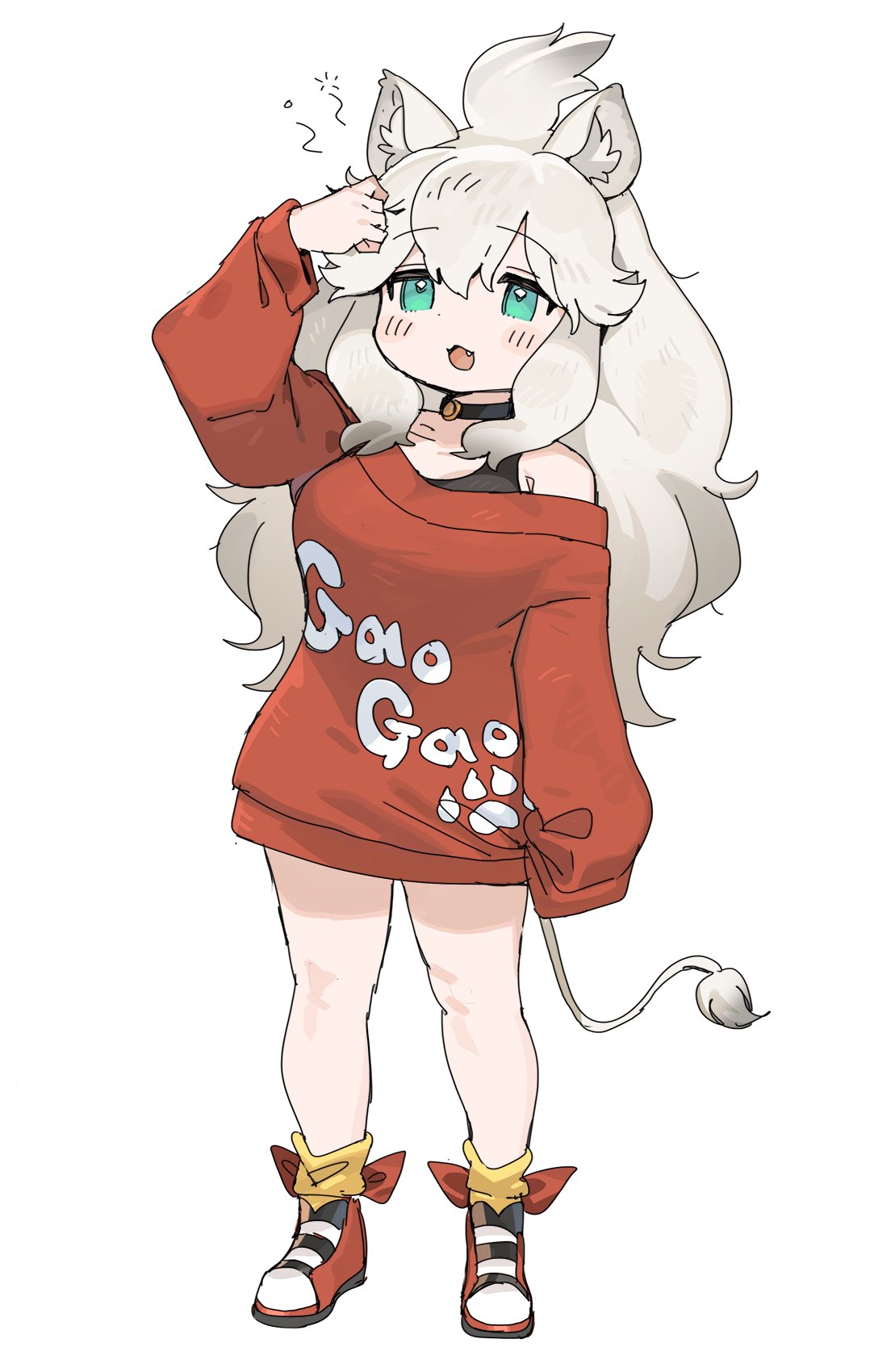 1girl animal_ears big_hair black_choker black_undershirt blue_eyes blush choker commentary_request dress fang full_body highres hood hoodie kemono_friends kemono_friends_3 lion_ears lion_girl lion_tail long_hair long_sleeves official_alternate_costume open_mouth red_footwear red_hoodie shoes sleeves_past_wrists sneakers socks solo spawnfoxy sweater sweater_dress tail white_hair white_lion_(kemono_friends) yellow_socks