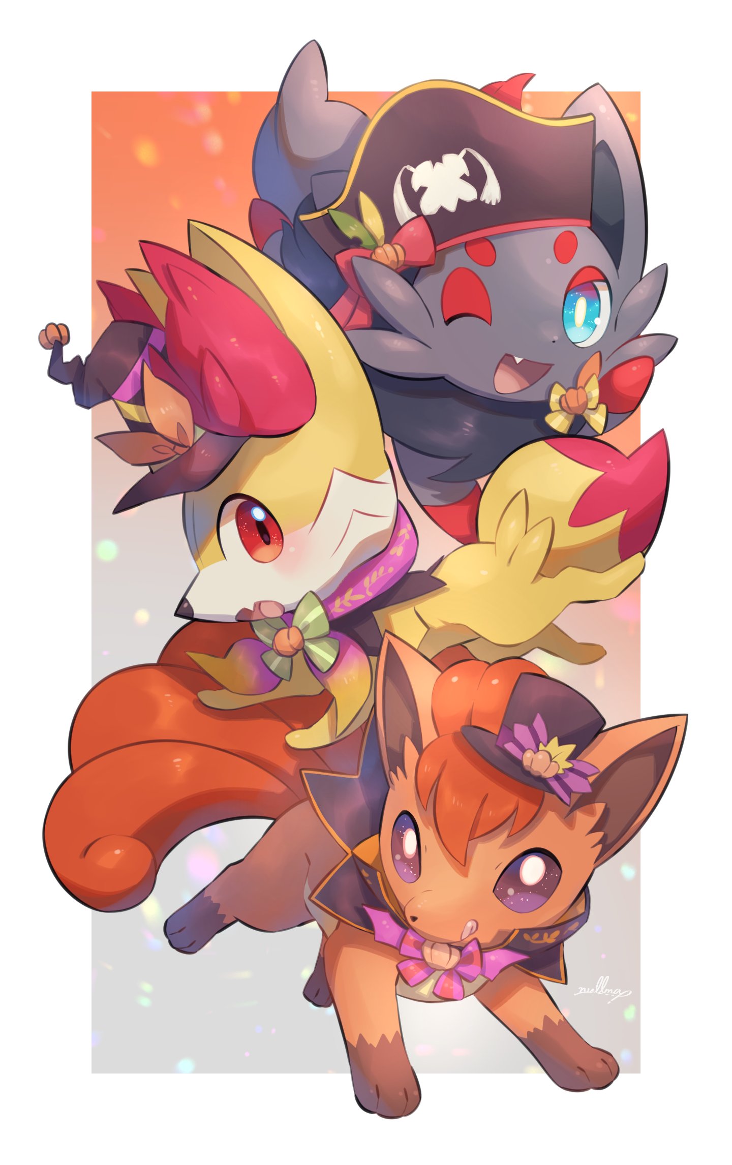 :o bangs black_headwear blue_eyes bow fang fennekin hat highres looking_at_viewer no_humans nullma one_eye_closed pink_eyes pokemon pokemon_(creature) red_background red_bow red_eyes skin_fang top_hat vulpix white_background zorua