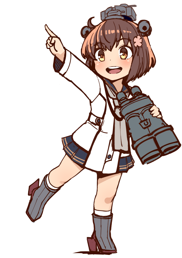 1girl binoculars black_sailor_collar blue_sailor_collar brown_eyes brown_hair cherry_blossoms dress flower full_body hair_flower hair_ornament headgear headset kantai_collection open_mouth pointing round_teeth rudder_footwear sailor_collar sailor_dress short_hair simple_background solo speaking_tube_headset teeth upper_teeth watanore white_background yukikaze_(kancolle) yukikaze_kai_ni_(kancolle)