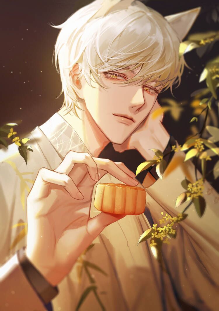 1boy animal_ears cake food fox_boy fox_ears gyxyzz holding holding_cake holding_food light_and_night_love long_sleeves looking_at_viewer male_focus mid-autumn_festival mooncake qi_sili short_hair solo white_hair yellow_eyes