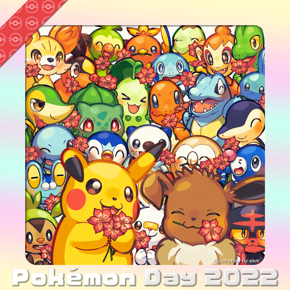 &gt;_&lt; :3 ^_^ animal_focus artist_name bandaid bandaid_on_face bandaid_on_nose black_eyes blue_eyes blush blush_stickers border brown_eyes buck_teeth bulbasaur charmander chespin chikorita chimchar closed_eyes closed_mouth colored_sclera commentary_request copyright_name cyndaquil dated eevee ekm english_commentary english_text everyone fangs fennekin flower freckles froakie fur_collar gracidea grookey half-closed_eyes happy holding holding_flower litten looking_at_viewer mixed-language_commentary mouth_hold mudkip no_humans one_eye_closed open_mouth oshawott partial_commentary pikachu piplup poke_ball_symbol pokemon pokemon_(creature) popplio rainbow_gradient red_eyes red_flower rowlet scorbunny smile snivy sobble squirtle starter_pokemon_trio teeth tepig torchic totodile treecko turtwig watermark yellow_sclera