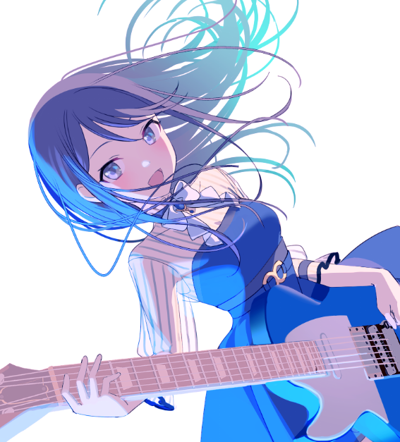 1girl bangs beads belt black_hair blue_belt blue_choker blue_dress blue_eyes blue_gemstone blue_theme breasts brooch choker collarbone dress dutch_angle electric_guitar floating_hair frilled_sleeves frills gem guitar holding holding_instrument hoshino_ichika_(project_sekai) instrument jewelry left-handed light_blush long_hair long_sleeves medium_breasts memel neck_ribbon o-ring o-ring_belt open_mouth project_sekai puffy_long_sleeves puffy_sleeves ribbon see-through see-through_sleeves sidelighting sideways_glance simple_background solo straight_hair striped striped_sleeves swept_bangs tsurime vertical_stripes white_background white_ribbon