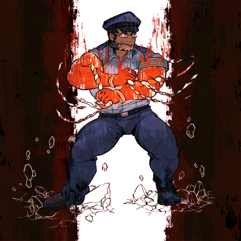 1boy aqua_shirt attack belt black_background black_footwear blue_pants colored_skin commentary_request cracked_floor facial_hair forked_eyebrows full_body glasses hat long_sideburns looking_away male_focus mature_male muscular muscular_male official_alternate_costume pants police police_hat police_uniform serious shirt sideburns solo tajikarao_(housamo) tokyo_afterschool_summoners tsuna_(so_da77) tusks two-tone_background uniform unraveling white_background