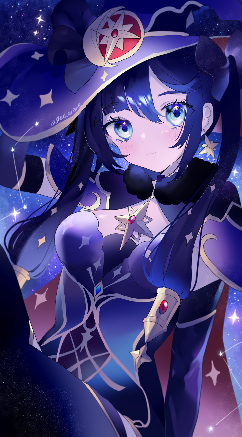 1girl bangs black_gloves black_thighhighs blue_eyes blue_hair bow cape closed_mouth commentary_request constellation cowboy_shot crescent crescent_hat_ornament dark_blue_hair earrings elbow_gloves fur_trim gen_arare genshin_impact gloves hair_bow hat hat_ornament highres jewelry leotard long_hair looking_at_viewer mona_(genshin_impact) night night_sky purple_headwear purple_leotard red_cape sky smile solo star_(sky) star_(symbol) star_earrings star_hat_ornament starry_sky thigh-highs twintails twitter_username witch_hat