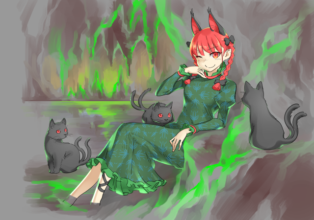 1girl ;3 animal animal_ears blunt_tresses blush bow braid breasts cat cat_ears commentary_request dress extra_ears feet_out_of_frame forked_tail green_dress hair_bow hair_ornament hair_ribbon hitodama kaenbyou_rin kugata1 leg_ribbon long_sleeves looking_at_viewer medium_breasts multiple_tails nekomata one_eye_closed pointy_ears puffy_sleeves red_eyes redhead ribbon short_hair sitting slit_pupils smile solo tail touhou tress_ribbon twin_braids