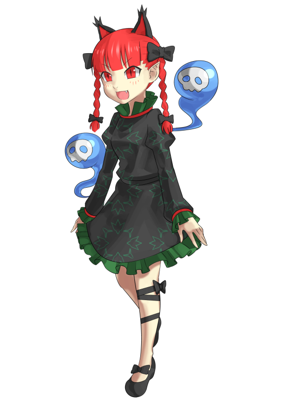 1girl animal_ears bow braid cat_ears cat_tail dress full_body kaenbyou_rin kugata1 long_sleeves multiple_tails open_mouth red_eyes redhead solo tail touhou transparent_background twin_braids two_tails