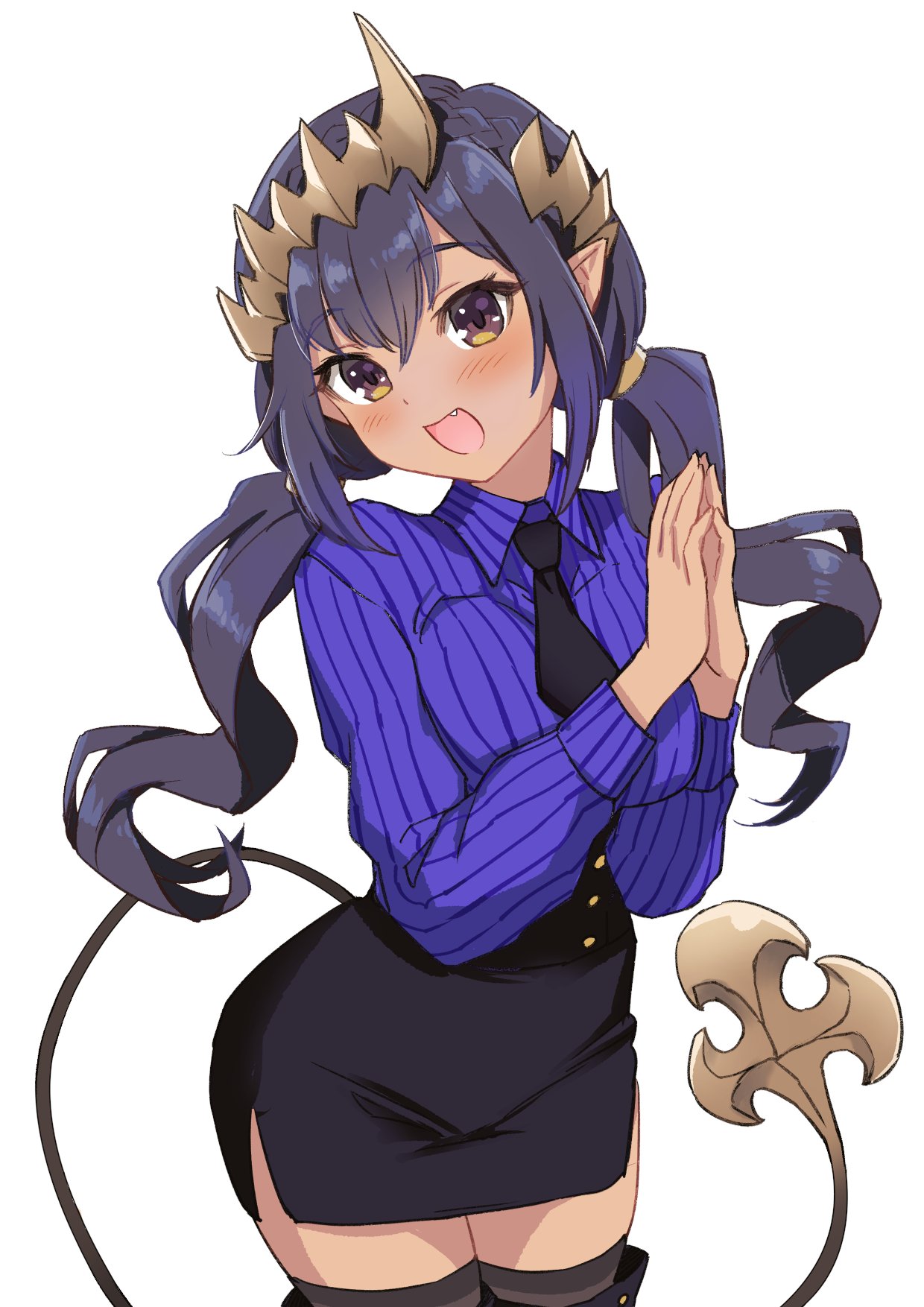 1girl :d bangs black_hair black_necktie black_skirt blush braid breasts brown_hair collared_shirt commentary_request cowboy_shot crown_braid demon_tail fang highres honey_strap jyaco large_breasts long_hair looking_at_viewer low_twintails necktie office_lady open_mouth own_hands_together palms_together pencil_skirt pointy_ears purple_shirt shimamura_charlotte shirt simple_background skirt smile solo striped striped_shirt tail tan twintails virtual_youtuber white_background