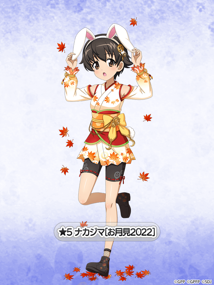 1girl animal_ears autumn_leaves bangs bike_shorts black_footwear black_shorts black_socks bow brown_eyes brown_hair character_name clothing_cutout commentary_request fake_animal_ears fishnet_socks fishnets girls_und_panzer girls_und_panzer_senshadou_daisakusen! japanese_clothes kimono leg_up long_sleeves looking_at_viewer nakajima_(girls_und_panzer) obi official_alternate_costume official_art open_mouth rabbit_ears ribbon-trimmed_shorts ribbon_trim sash shoes short_hair short_kimono shorts shoulder_cutout socks solo standing standing_on_one_leg star_(symbol) translated watermark white_kimono yellow_bow